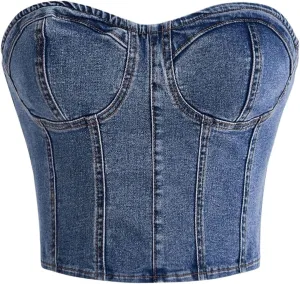 MakeMeChic Women's Denim Tube Top Shirred Sleeveless Bustier Tops Strapless Bandeau Y2k Crop Tops