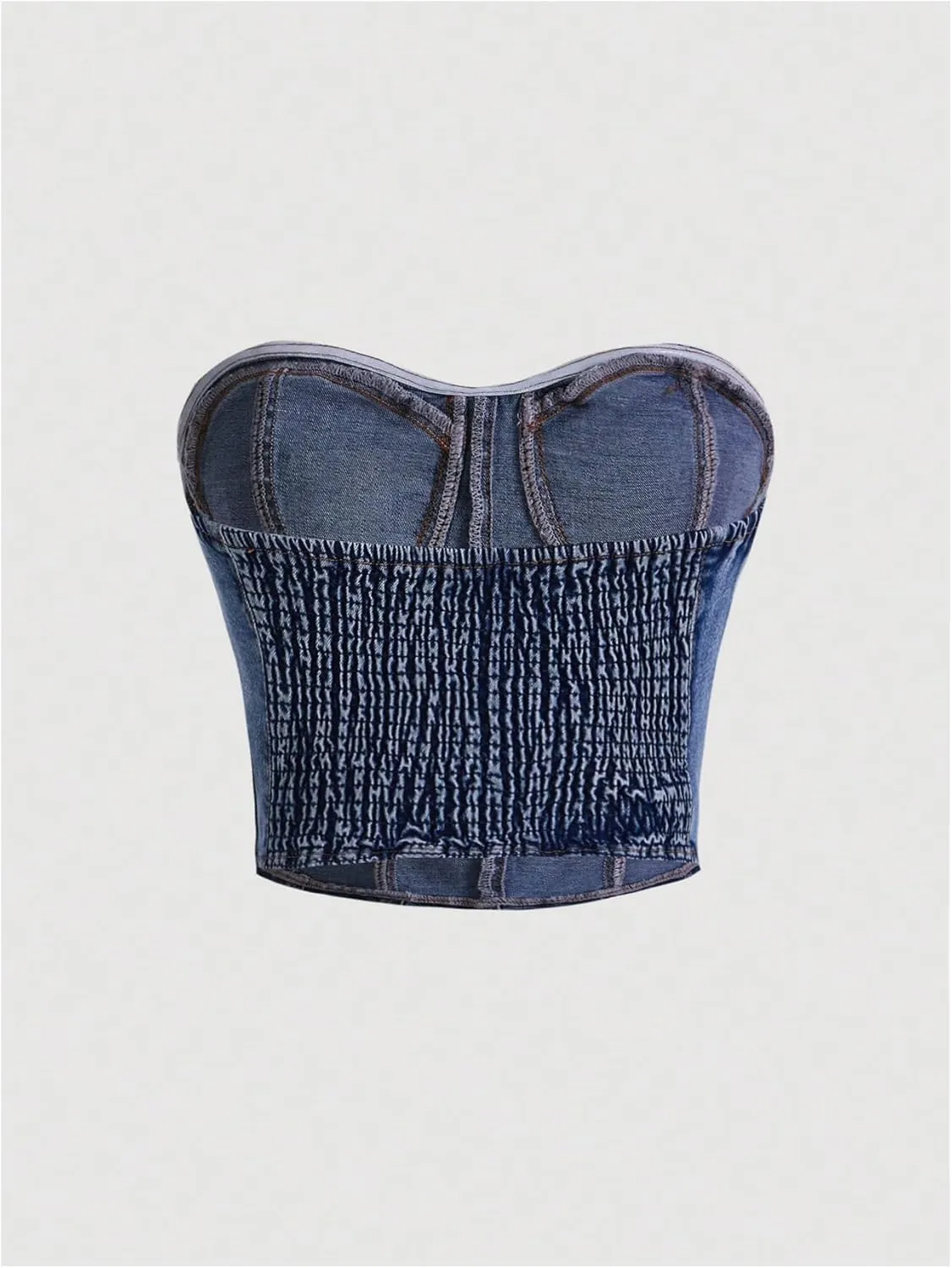 MakeMeChic Women's Denim Tube Top Shirred Sleeveless Bustier Tops Strapless Bandeau Y2k Crop Tops
