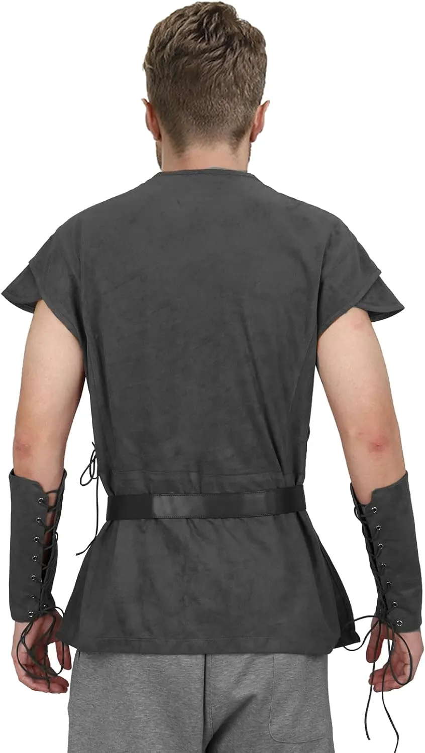 Men Pirate Costume Medieval Pirate Viking Shirt Tunic Vest Waist Belt Arm Guard Accessories Outfit