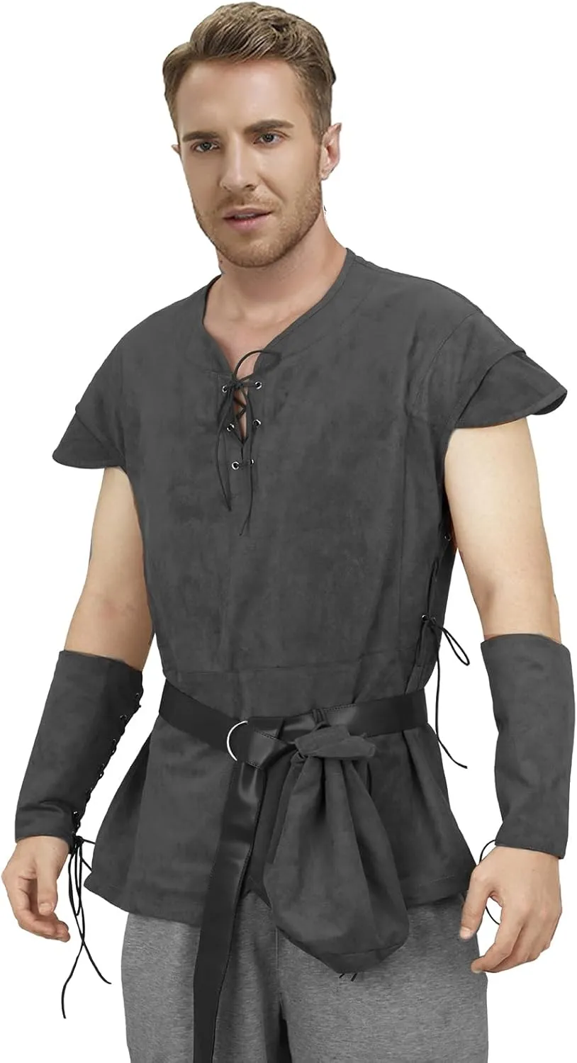 Men Pirate Costume Medieval Pirate Viking Shirt Tunic Vest Waist Belt Arm Guard Accessories Outfit
