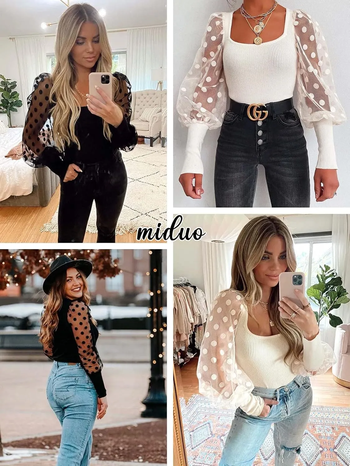 miduo Womens Tops Square Neck Polka Dot Balloon Long Sleeve Top Shirts Slim Knit Ribbed Tops Blouses