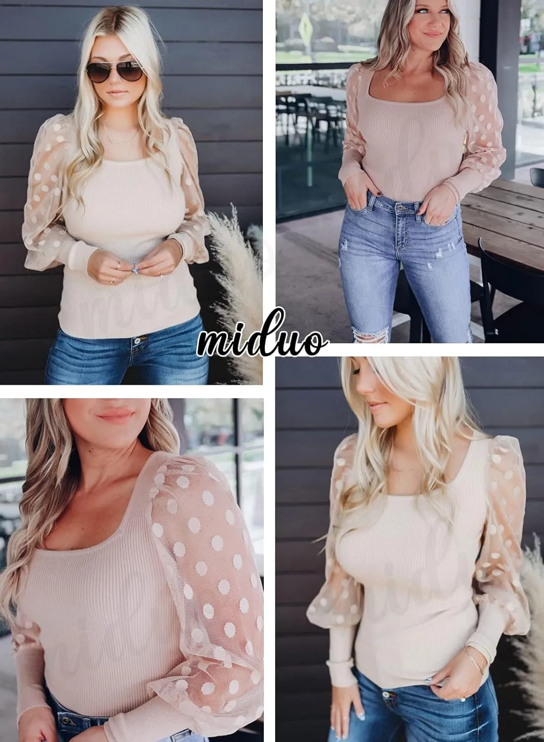 miduo Womens Tops Square Neck Polka Dot Balloon Long Sleeve Top Shirts Slim Knit Ribbed Tops Blouses