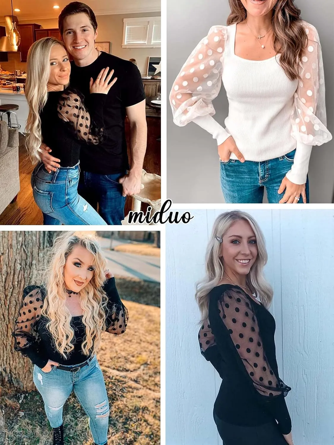 miduo Womens Tops Square Neck Polka Dot Balloon Long Sleeve Top Shirts Slim Knit Ribbed Tops Blouses