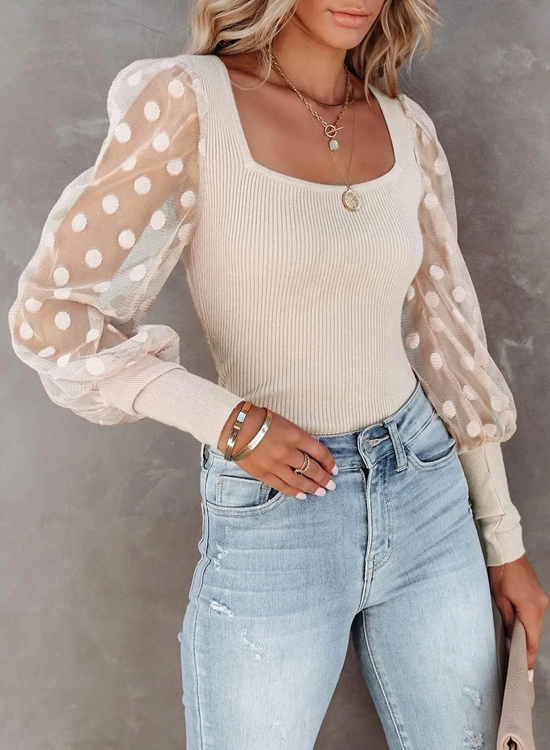 miduo Womens Tops Square Neck Polka Dot Balloon Long Sleeve Top Shirts Slim Knit Ribbed Tops Blouses