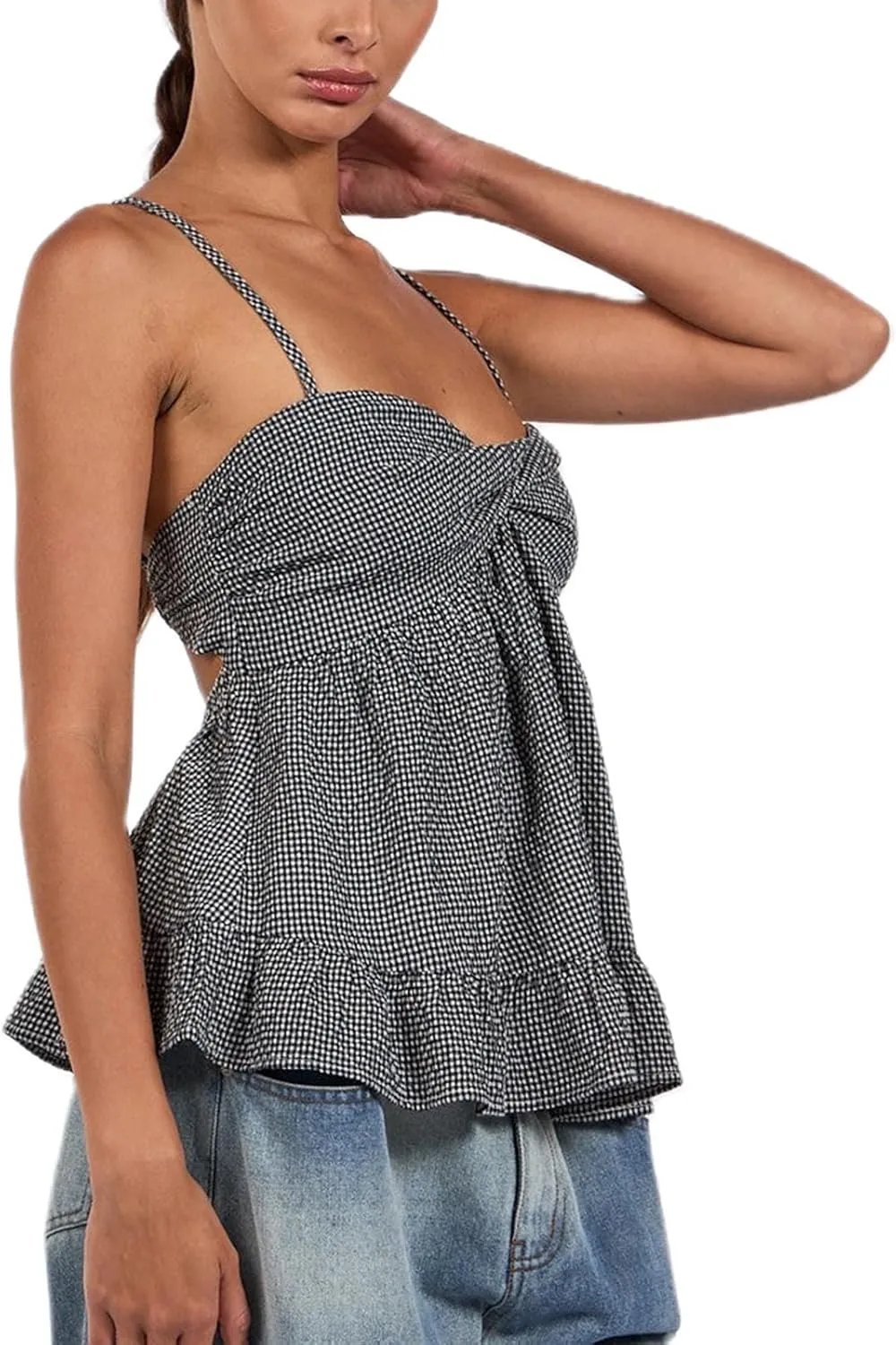 Mxiqqpltky Women Y2k Plaid Babydoll Tank Top Summer Spaghetti Strap Square Neck Ruffle Camisole Cute Flowy Hem Peplum Shirts
