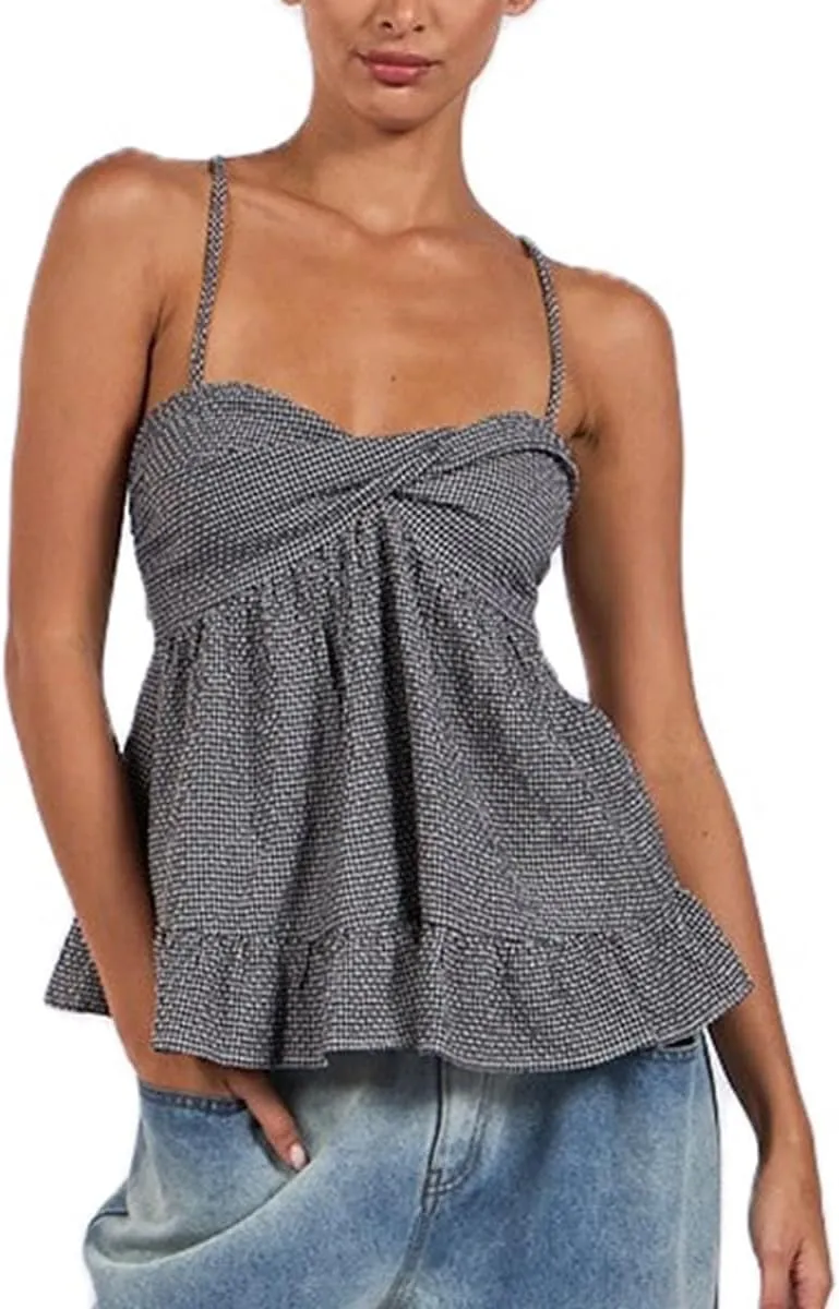 Mxiqqpltky Women Y2k Plaid Babydoll Tank Top Summer Spaghetti Strap Square Neck Ruffle Camisole Cute Flowy Hem Peplum Shirts