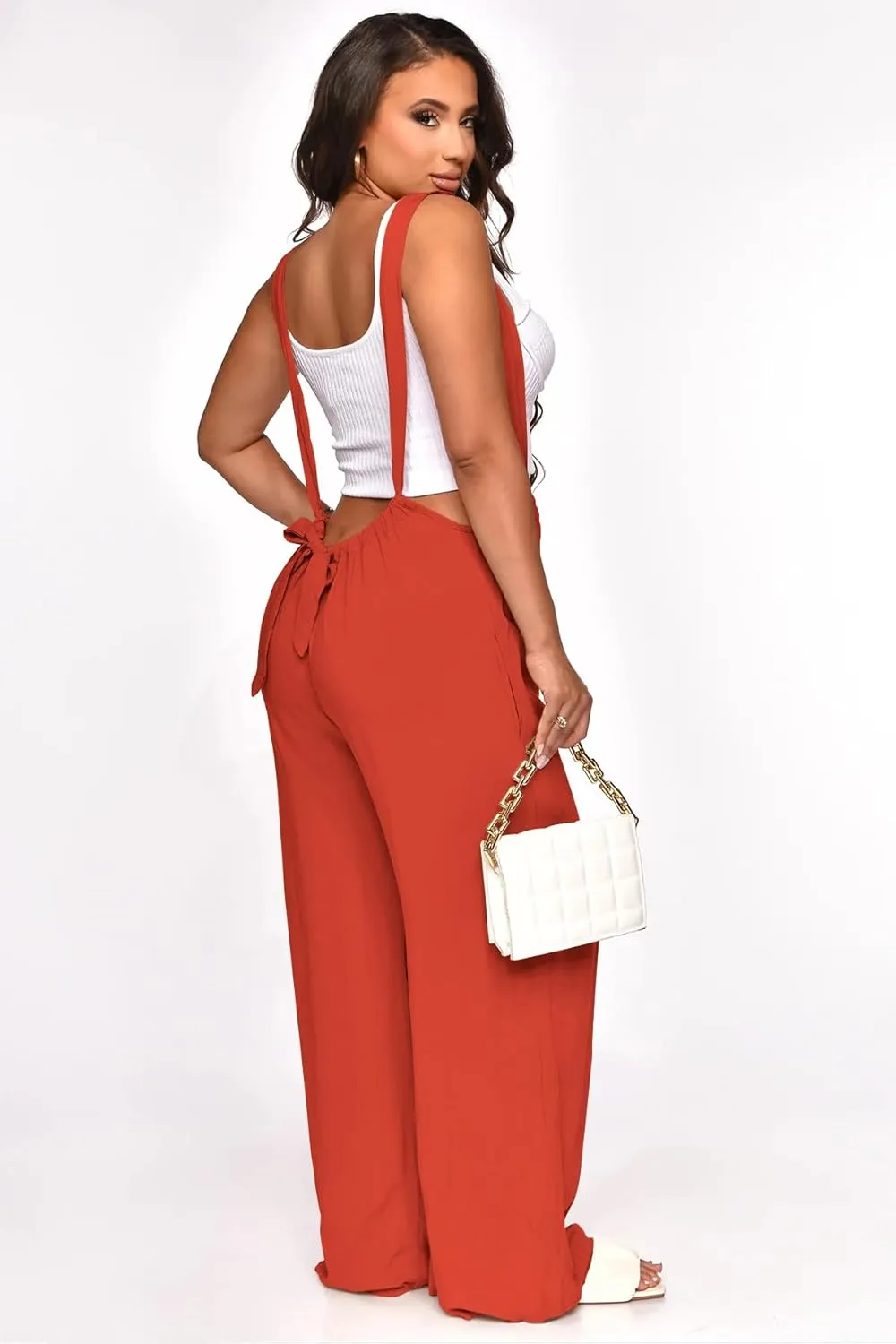 Nimsruc Womens Jumpsuit Casual Loose Sleeveless Adjustable Spaghetti Straps Wide Leg Pants Baggy Overalls With Pockets