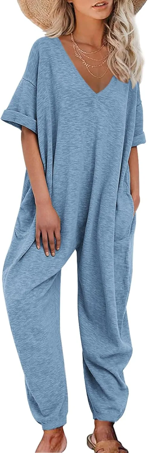 Nirovien Women's Solid Color V Neck Jumpsuits Casual Half Sleeve Long Rompers Beam Foot Baggy Overalls