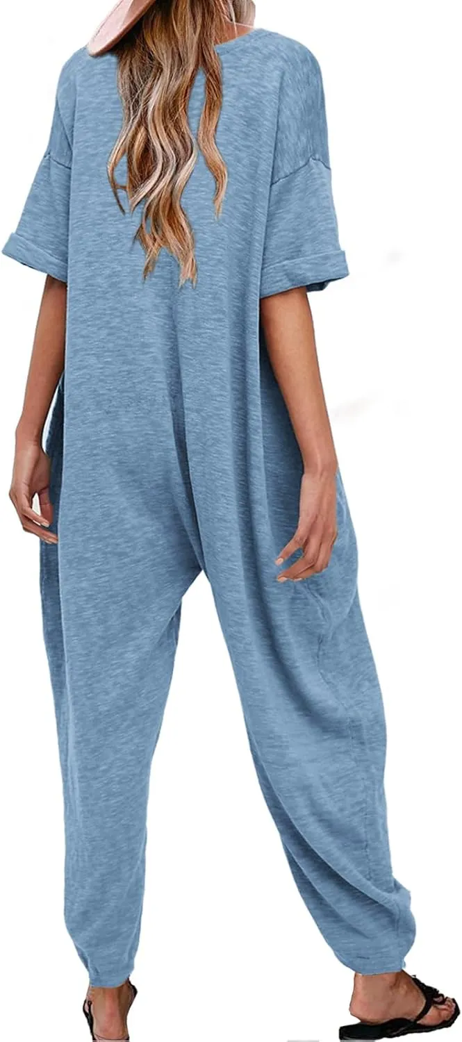 Nirovien Women's Solid Color V Neck Jumpsuits Casual Half Sleeve Long Rompers Beam Foot Baggy Overalls