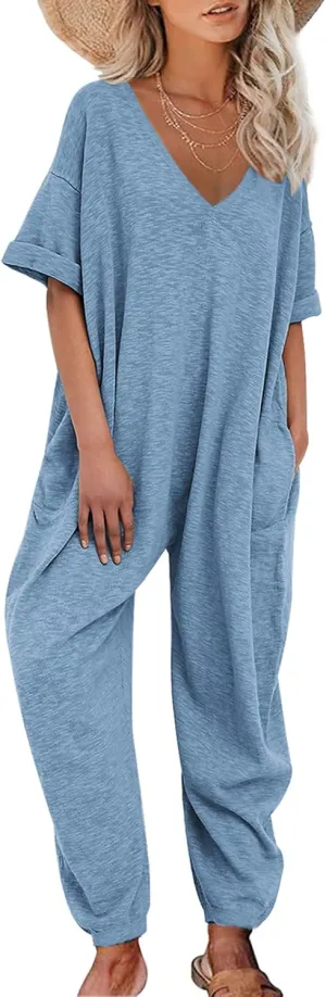Nirovien Women's Solid Color V Neck Jumpsuits Casual Half Sleeve Long Rompers Beam Foot Baggy Overalls