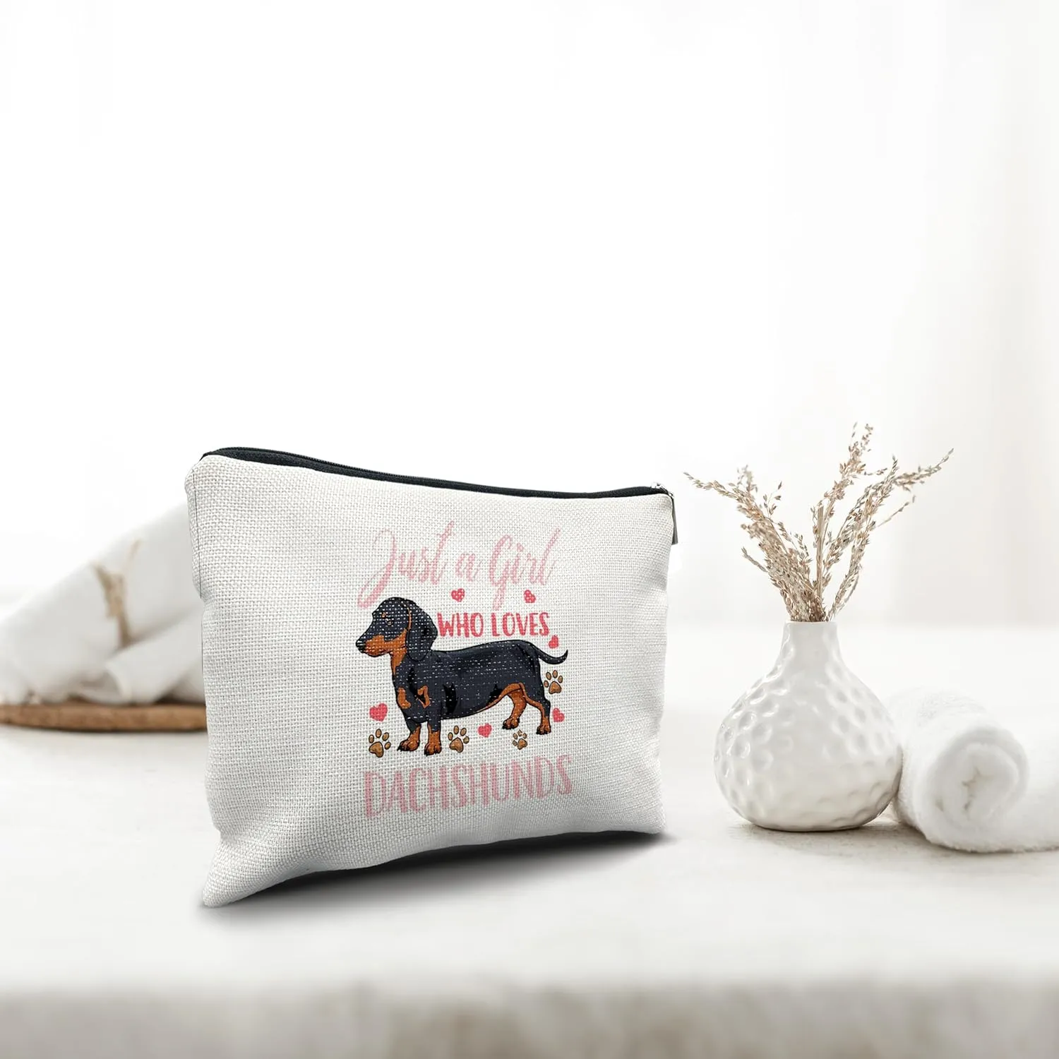 Nogrit Dachshund Makeup Bag Cosmetic Bag,Just a Girl Who Loves Dachshund Dof Makeup Travel Toiletry Bag,Dachshund Mom Gifts for women weiner dog decor weiner gifts