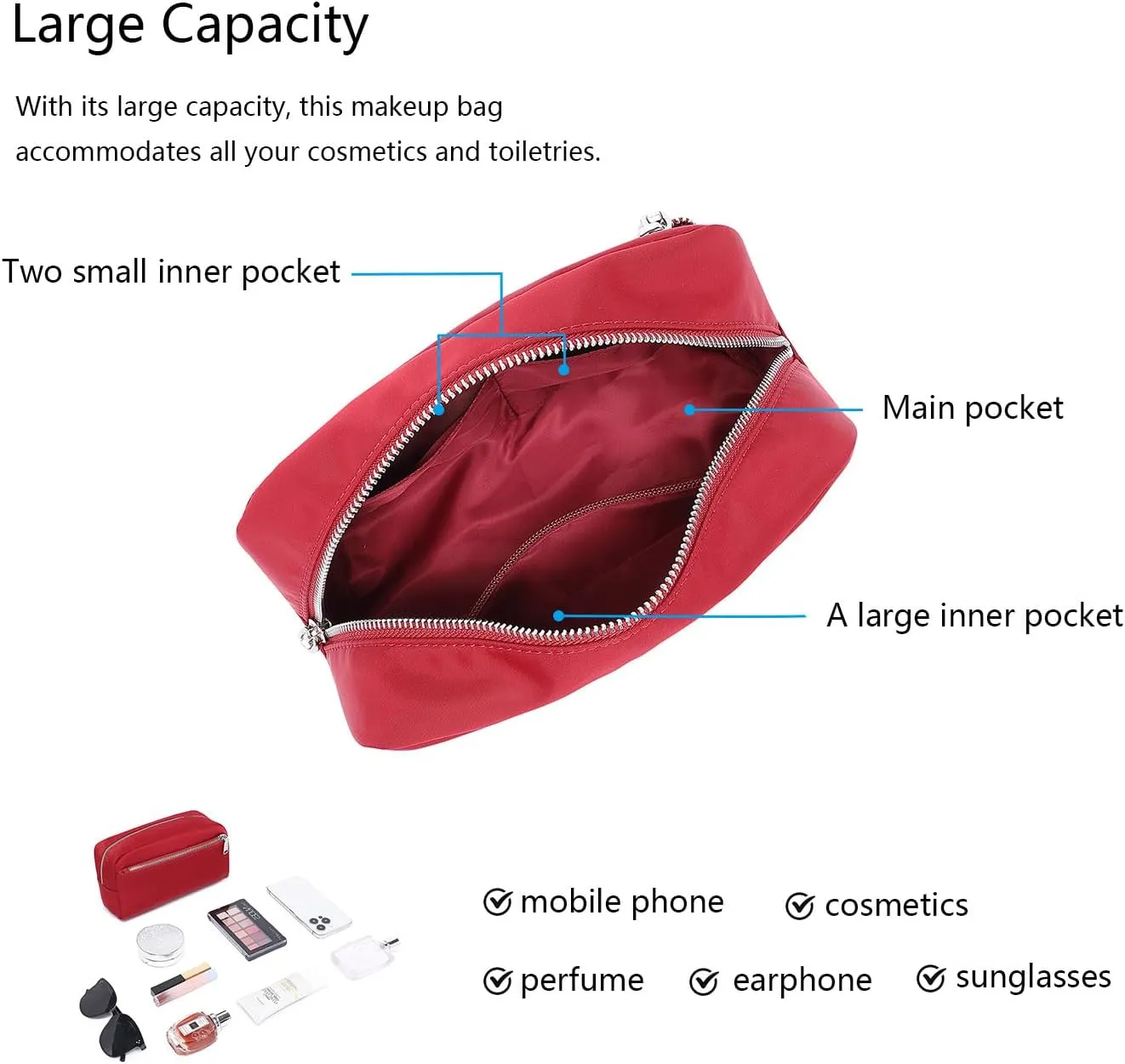 Nylon Female cosmetic bags Canvas toiletry bags Wash bags with large capacity Simple design (Nylon/Burgundy Red)