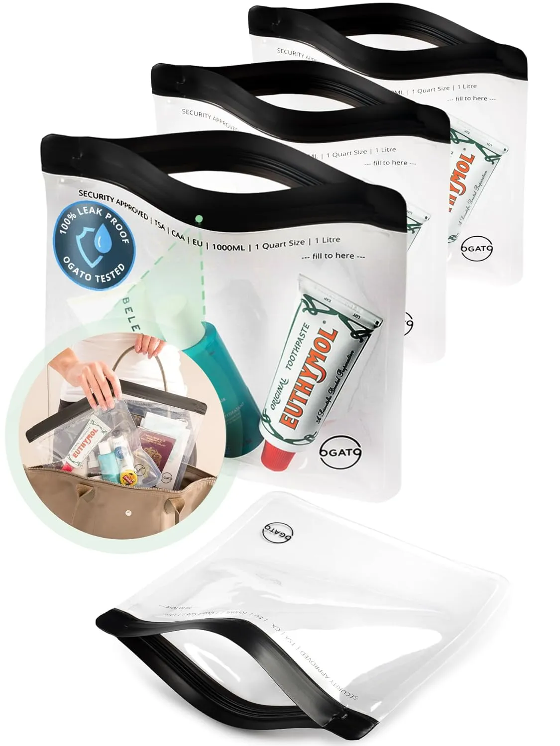 Ogato 3pcs - TSA Approved Toiletry Bag - Quart Size Clear Toiletry Bags are Security Approved Worldwide for Liquids & Cosmetics - 100% 3-1-1 Compliant Travel Bags for Toiletries