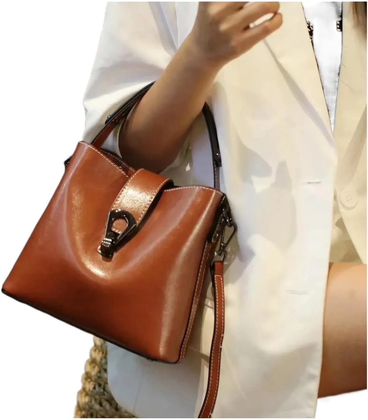 Oil Wax Leather Women's Bucket Bag Casual and Simple Handbag Large Capacity Ladies Cowhide Fashionable Crossbody