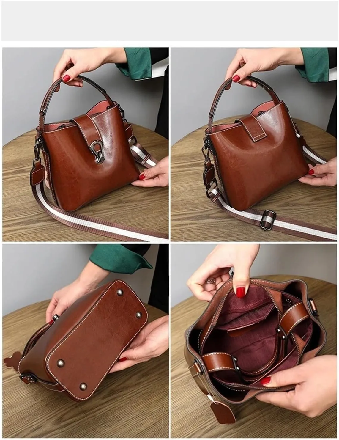 Oil Wax Leather Women's Bucket Bag Casual and Simple Handbag Large Capacity Ladies Cowhide Fashionable Crossbody