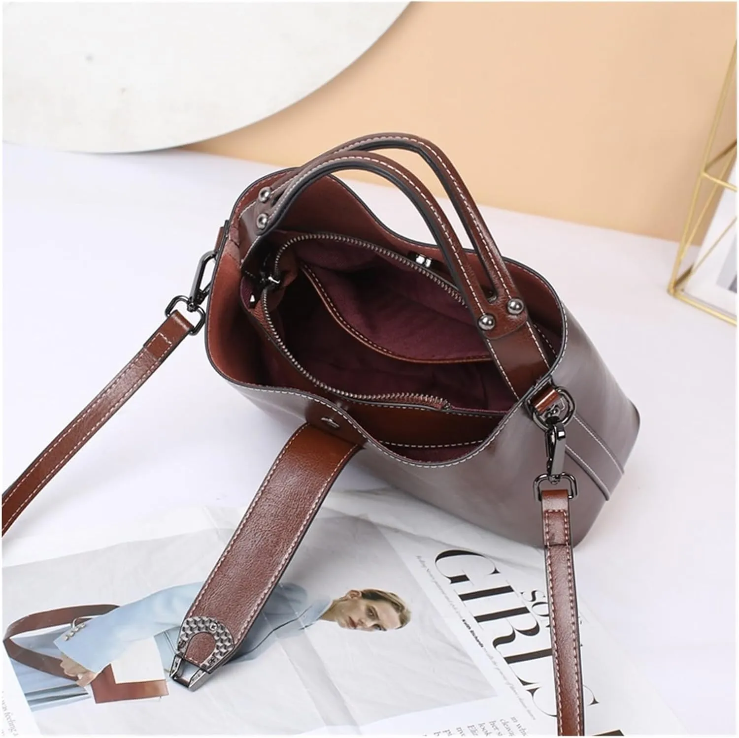 Oil Wax Leather Women's Bucket Bag Casual and Simple Handbag Large Capacity Ladies Cowhide Fashionable Crossbody