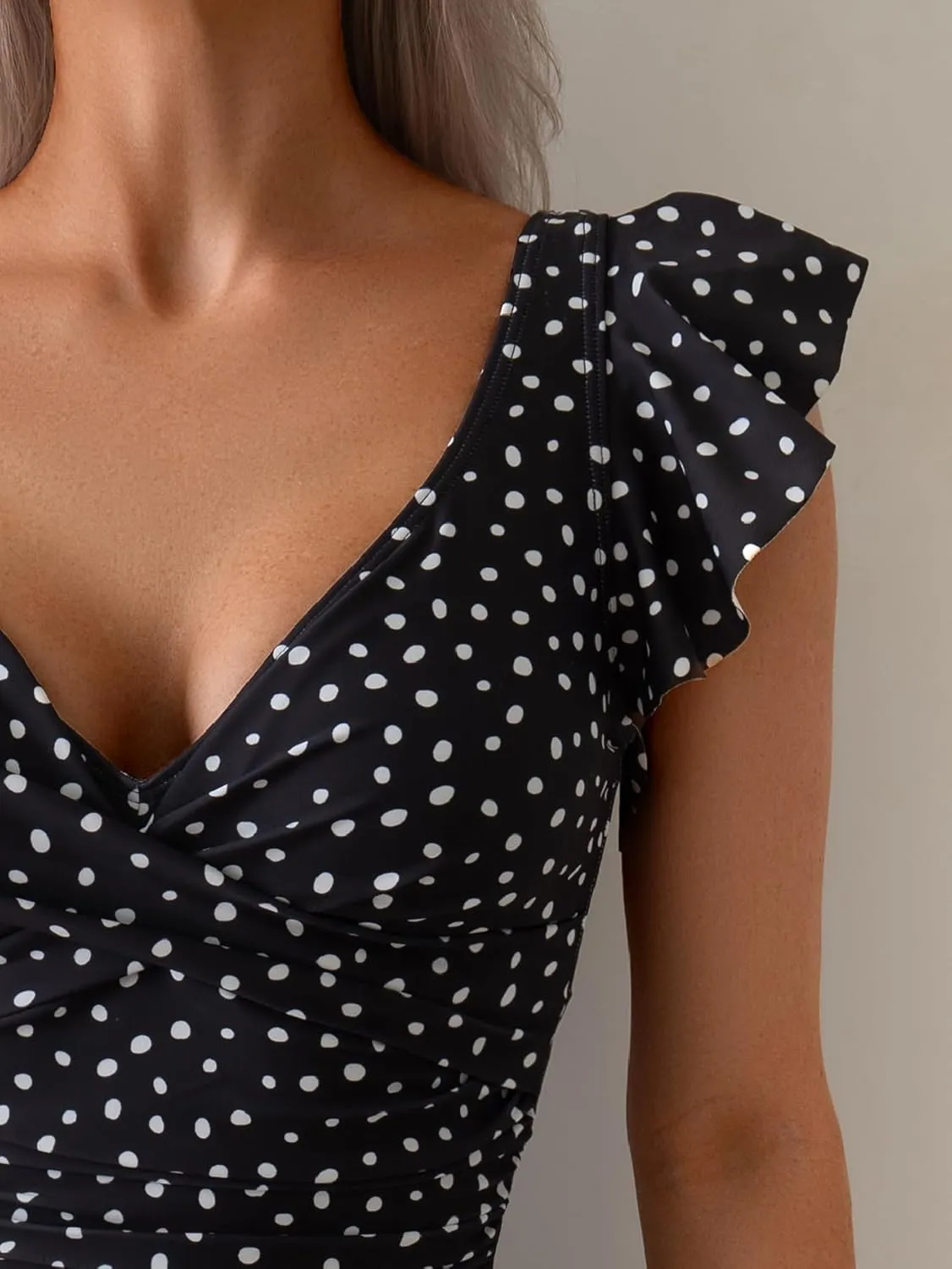 One Piece Swimdress Tummy Control Ruffle Swimsuit for Women Tie Knot Swim Dresses V Neck Bathing Suit Skirt