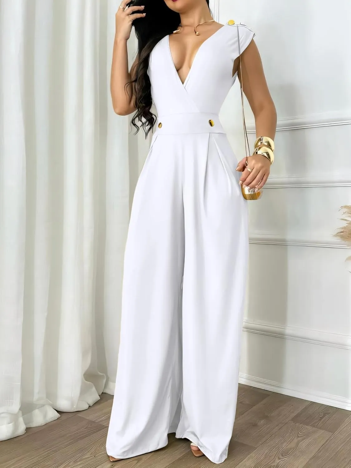 Ophestin Jumpsuits for Women Dressy Summer Sexy Wrap V Neck Buttons Wide Leg Pants Tank One Piece Jumpsuits Rompers