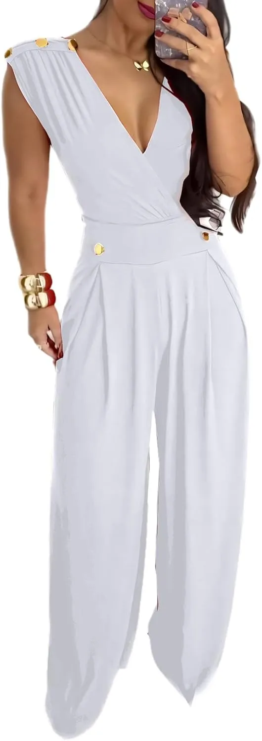 Ophestin Jumpsuits for Women Dressy Summer Sexy Wrap V Neck Buttons Wide Leg Pants Tank One Piece Jumpsuits Rompers