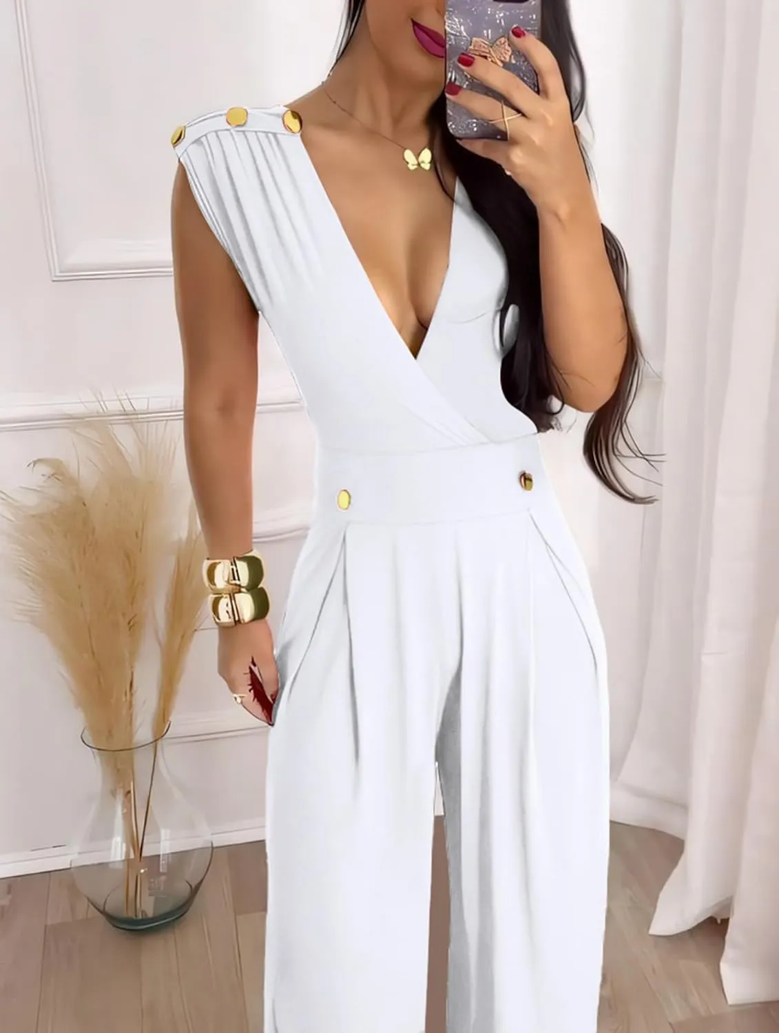 Ophestin Jumpsuits for Women Dressy Summer Sexy Wrap V Neck Buttons Wide Leg Pants Tank One Piece Jumpsuits Rompers