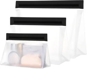 PACKISM Leak Proof Clear Travel Pouch - Sealed TSA Approved Toiletry Bag, BPA-free Reusable, Semi-Transparent Clear Cosmetic Bag with Flat Bottom, Great Travel accessories, 1L 1M 1S, Black