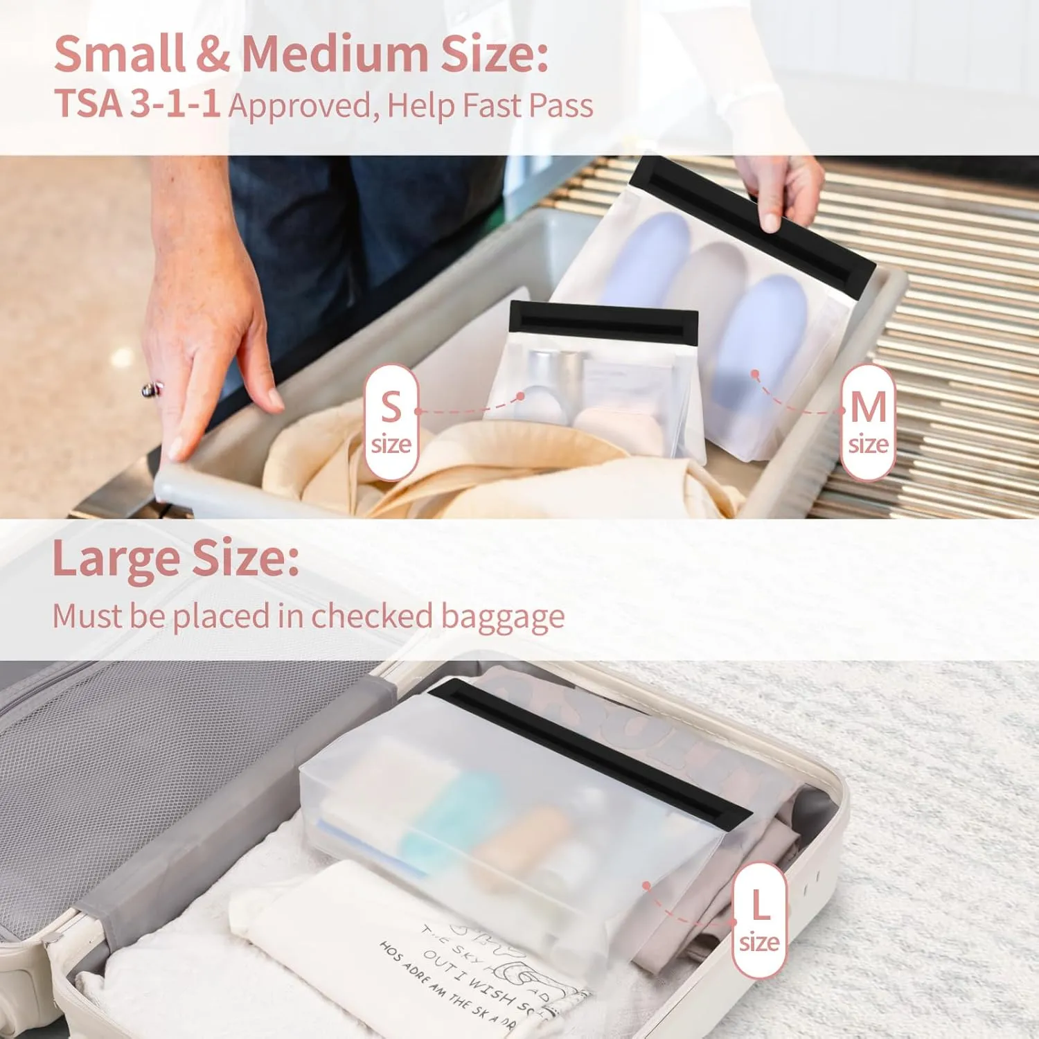 PACKISM Leak Proof Clear Travel Pouch - Sealed TSA Approved Toiletry Bag, BPA-free Reusable, Semi-Transparent Clear Cosmetic Bag with Flat Bottom, Great Travel accessories, 1L 1M 1S, Black