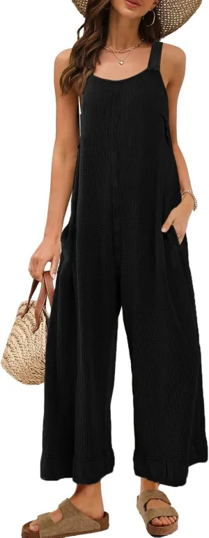 Panadila Womens Waffle Knit Jumpsuit Casual Wide Leg Jumpsuits Oversized Long Rompers Open Back Loose Overalls