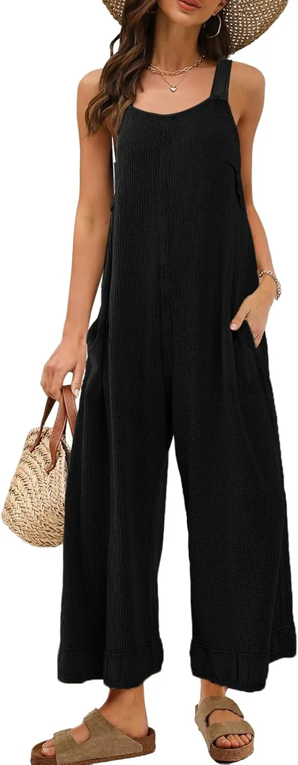Panadila Womens Waffle Knit Jumpsuit Casual Wide Leg Jumpsuits Oversized Long Rompers Open Back Loose Overalls