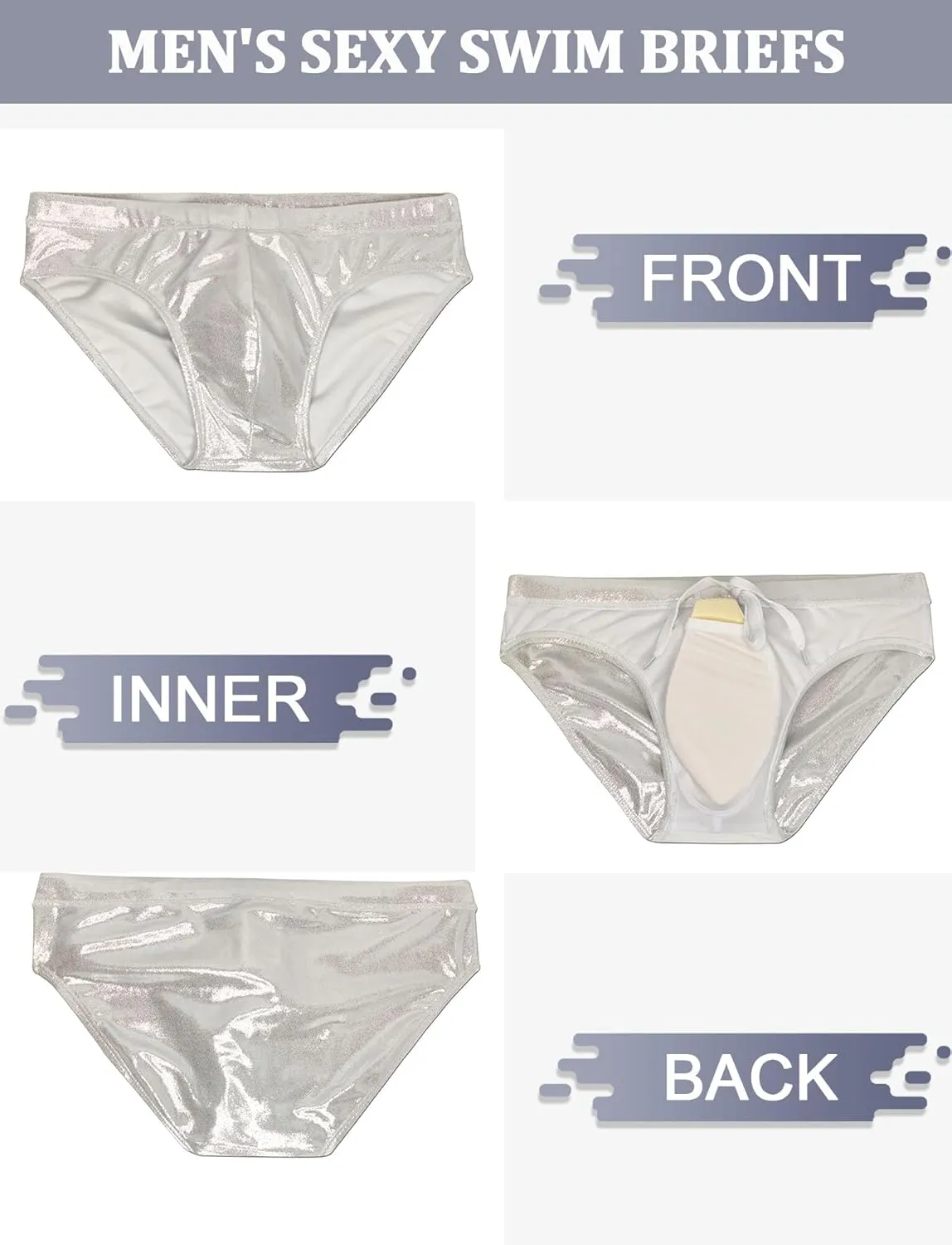 Panegy Men's Shiny Faux Leather Swim Briefs Contour Pouch Bikini Underwear Drawstring Swimwear with Pad