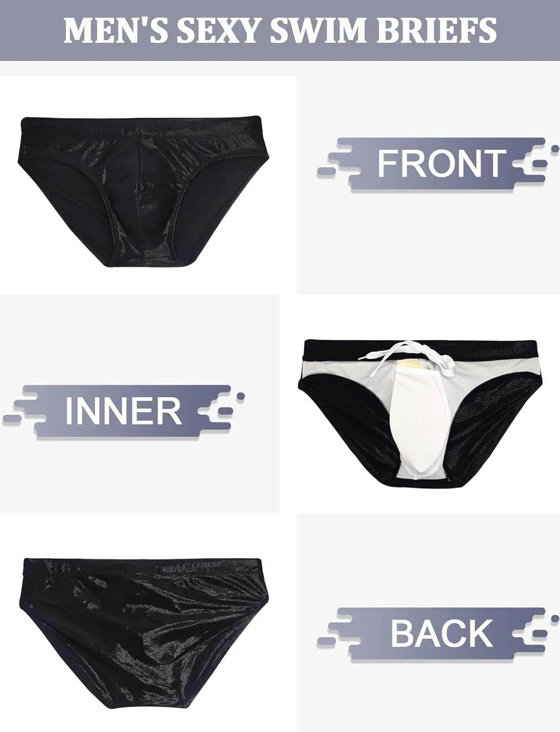 Panegy Men's Shiny Faux Leather Swim Briefs Contour Pouch Bikini Underwear Drawstring Swimwear with Pad