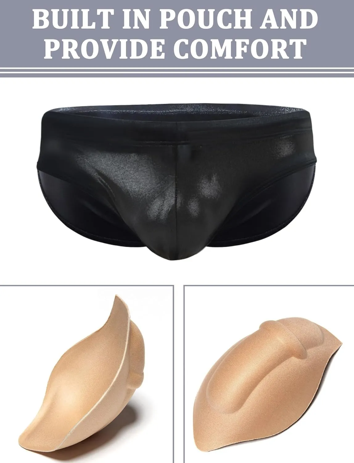 Panegy Men's Shiny Faux Leather Swim Briefs Contour Pouch Bikini Underwear Drawstring Swimwear with Pad
