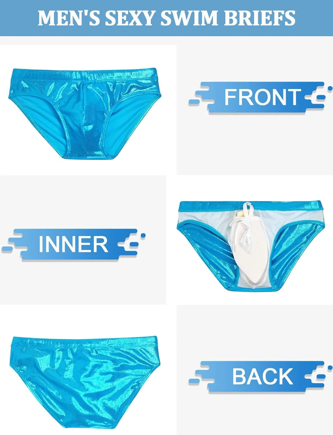 Panegy Men's Shiny Faux Leather Swim Briefs Contour Pouch Bikini Underwear Drawstring Swimwear with Pad