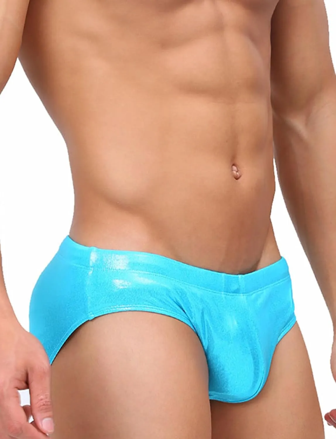 Panegy Men's Shiny Faux Leather Swim Briefs Contour Pouch Bikini Underwear Drawstring Swimwear with Pad
