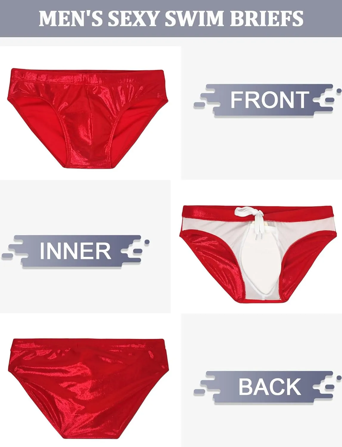 Panegy Men's Shiny Faux Leather Swim Briefs Contour Pouch Bikini Underwear Drawstring Swimwear with Pad
