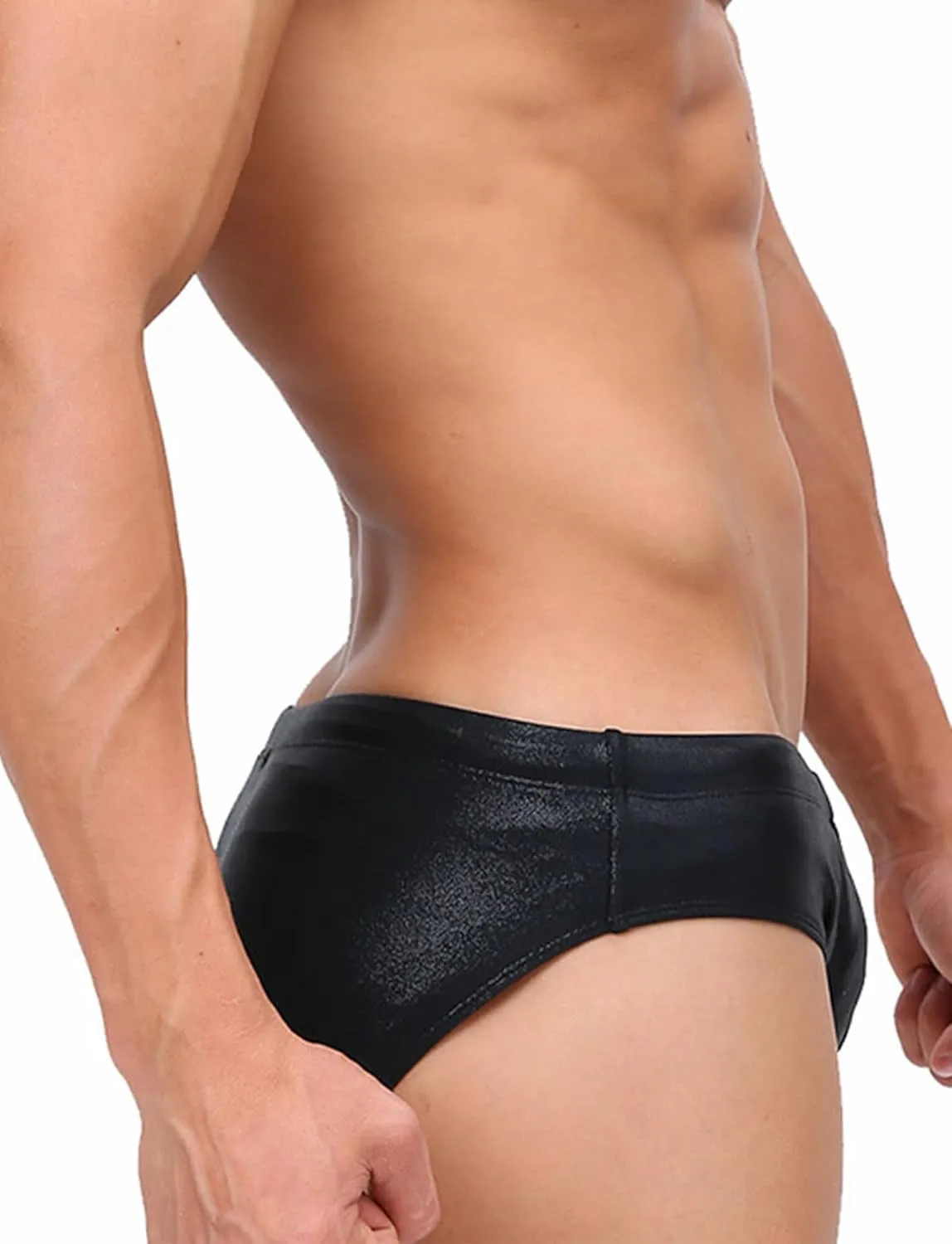 Panegy Men's Shiny Faux Leather Swim Briefs Contour Pouch Bikini Underwear Drawstring Swimwear with Pad