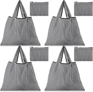 Paterr 4 Pieces Reusable Grocery Bags large Foldable Shopping Bags Stripe portable tote Bags with Handles Washable Waterproof Polyester Pouch bag