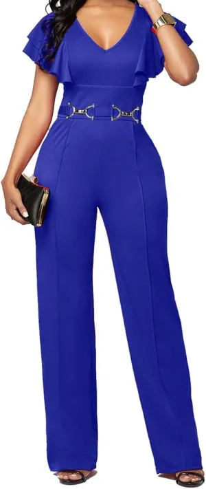 PDBQ Women's V-Neck Jumpsuit High Waist Short Sleeve Ruffled Loose Long Wide Leg Pants Suit