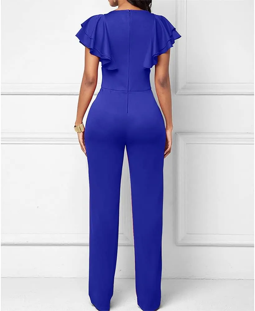 PDBQ Women's V-Neck Jumpsuit High Waist Short Sleeve Ruffled Loose Long Wide Leg Pants Suit