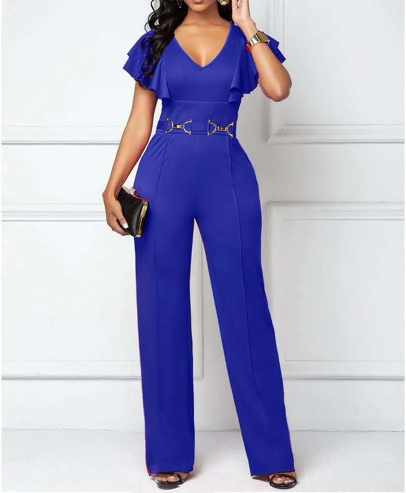PDBQ Women's V-Neck Jumpsuit High Waist Short Sleeve Ruffled Loose Long Wide Leg Pants Suit