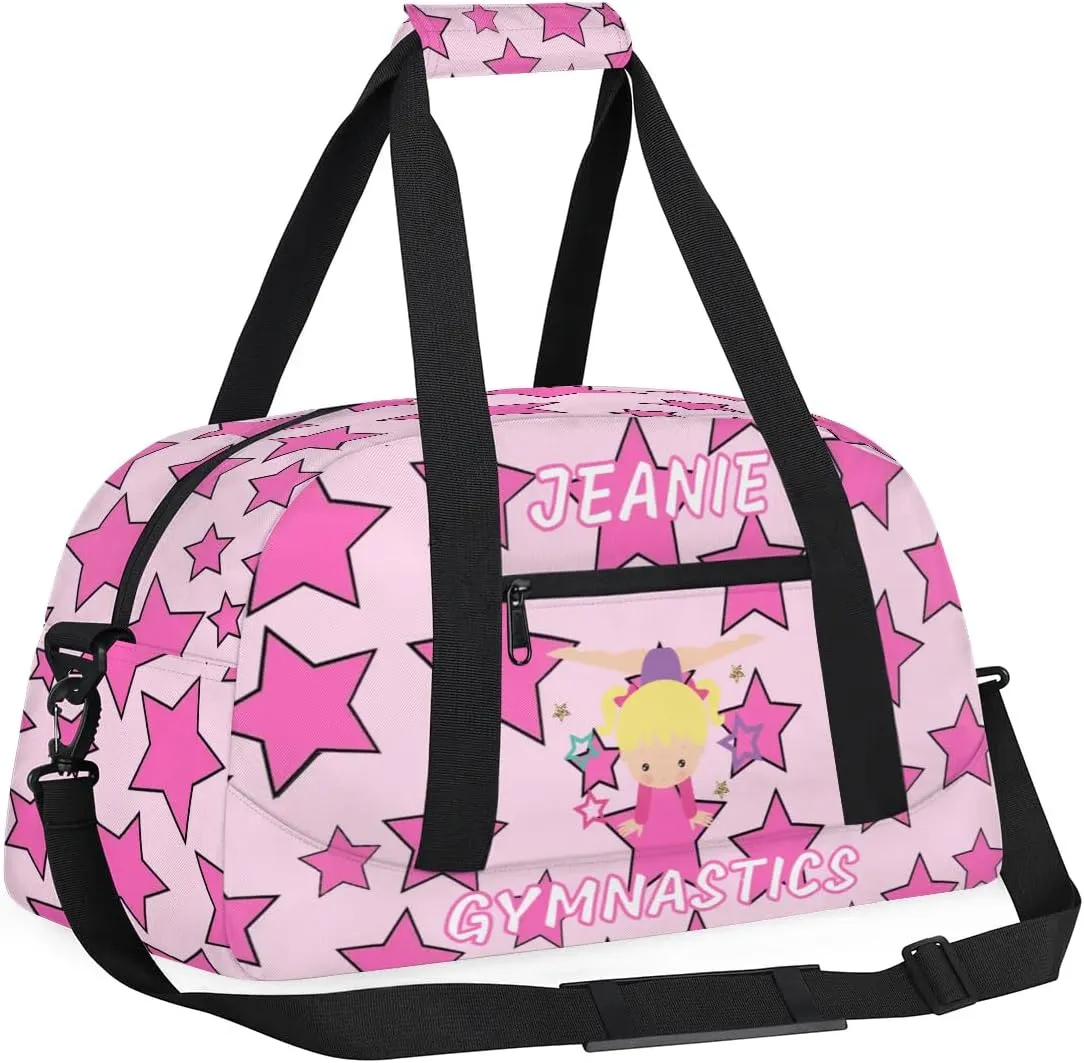 Personalize Kids Gym Duffel Bags with Custom Name & Text Gymnastics Sport Carry-On Garment Shoes Bags Gift for Girls Boys Teens Overnight Weekender Travel Pink Star 1
