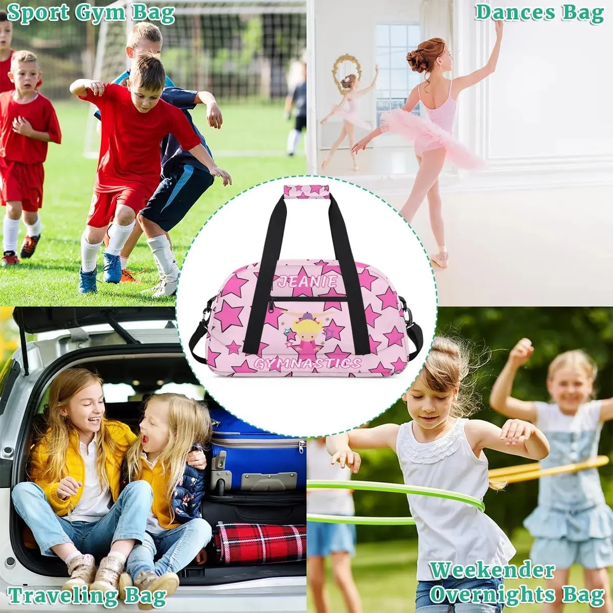 Personalize Kids Gym Duffel Bags with Custom Name & Text Gymnastics Sport Carry-On Garment Shoes Bags Gift for Girls Boys Teens Overnight Weekender Travel Pink Star 1
