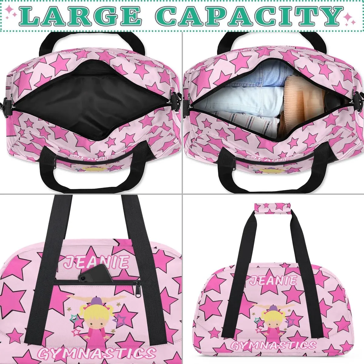 Personalize Kids Gym Duffel Bags with Custom Name & Text Gymnastics Sport Carry-On Garment Shoes Bags Gift for Girls Boys Teens Overnight Weekender Travel Pink Star 1