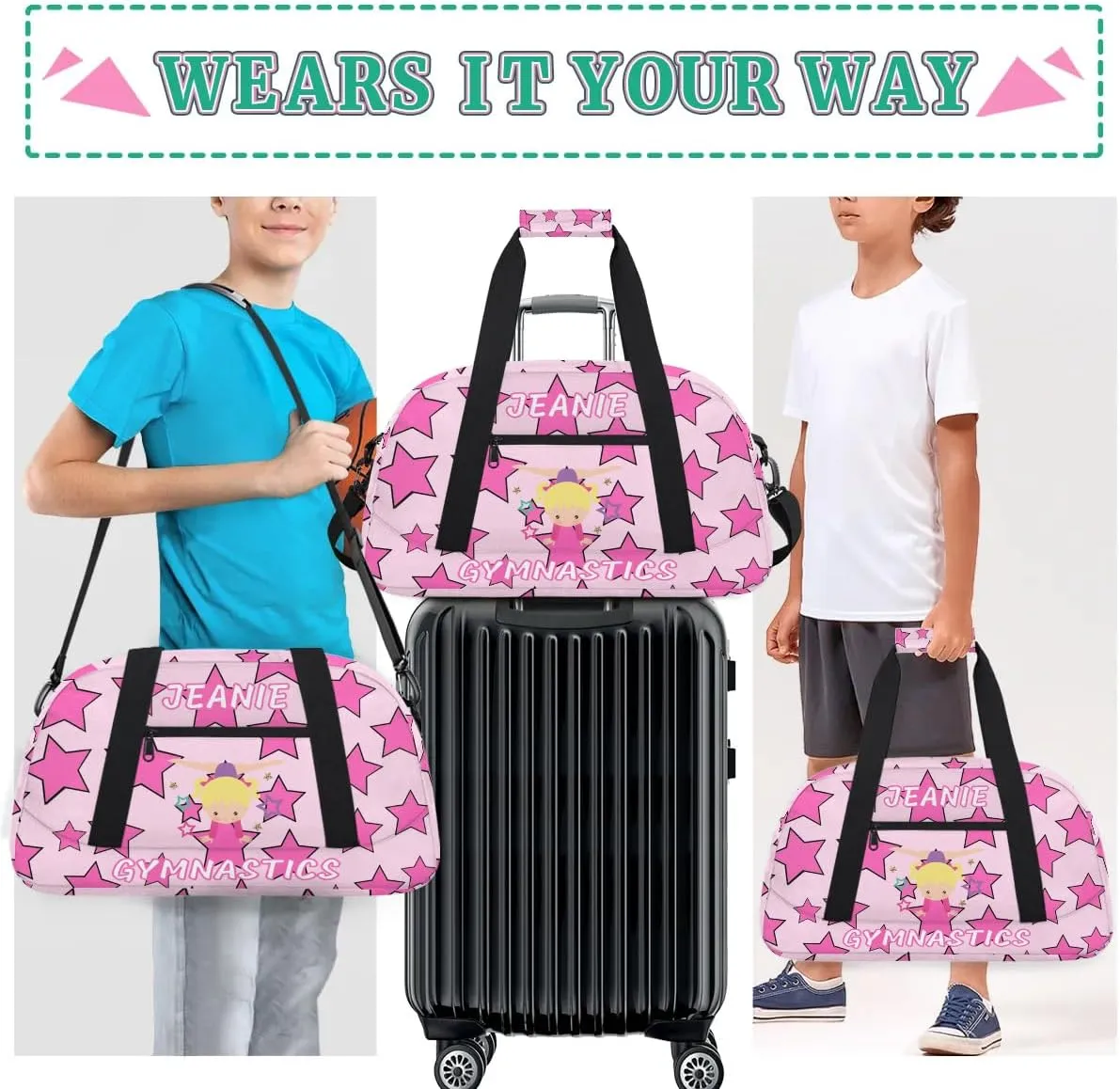 Personalize Kids Gym Duffel Bags with Custom Name & Text Gymnastics Sport Carry-On Garment Shoes Bags Gift for Girls Boys Teens Overnight Weekender Travel Pink Star 1