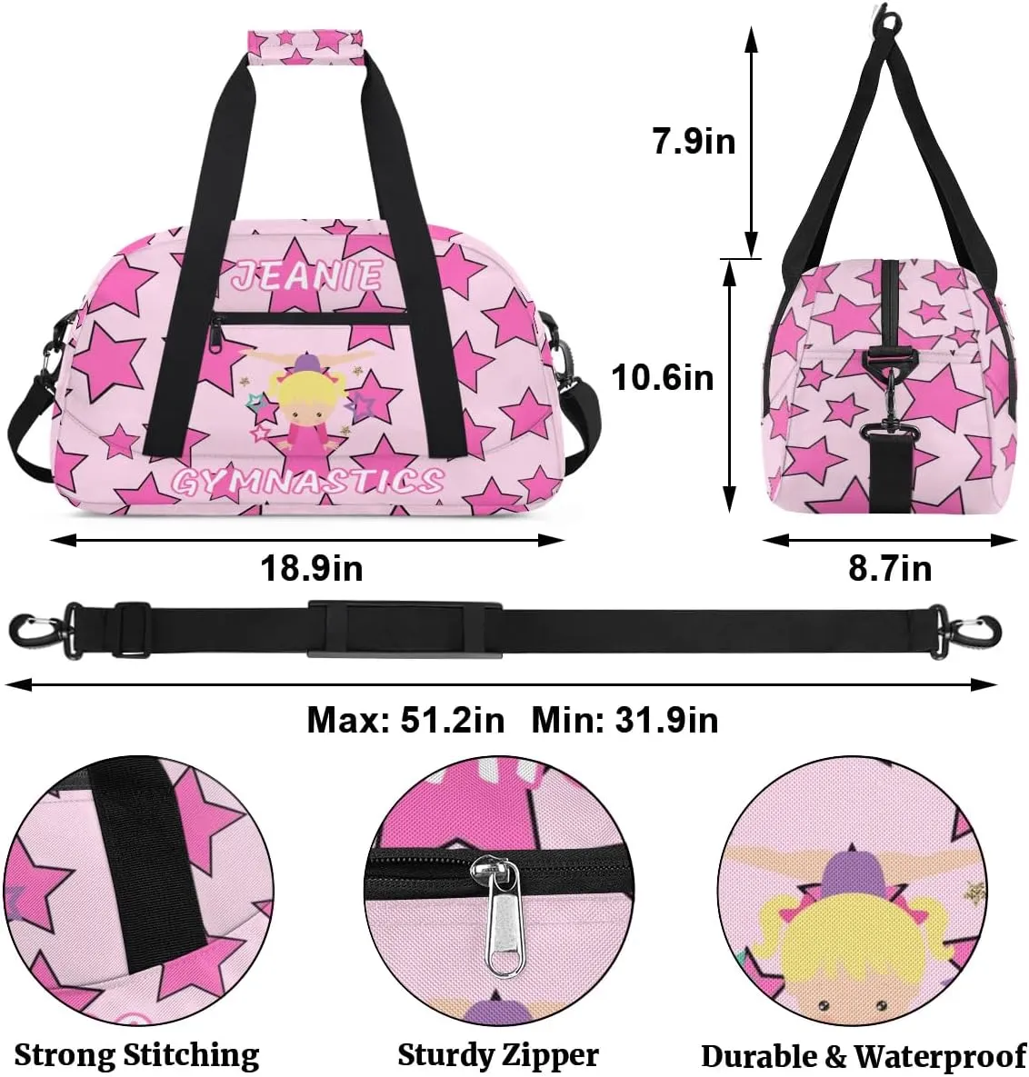 Personalize Kids Gym Duffel Bags with Custom Name & Text Gymnastics Sport Carry-On Garment Shoes Bags Gift for Girls Boys Teens Overnight Weekender Travel Pink Star 1