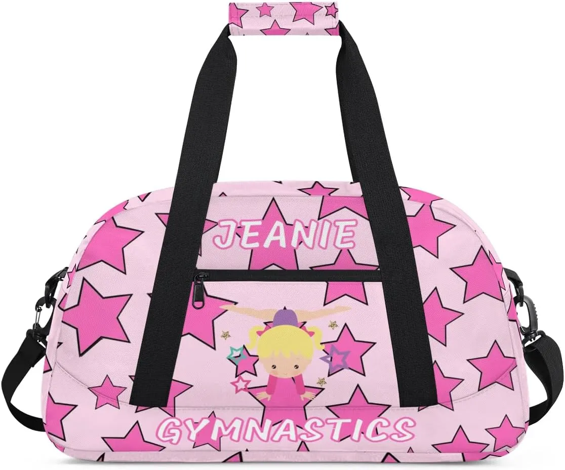 Personalize Kids Gym Duffel Bags with Custom Name & Text Gymnastics Sport Carry-On Garment Shoes Bags Gift for Girls Boys Teens Overnight Weekender Travel Pink Star 1