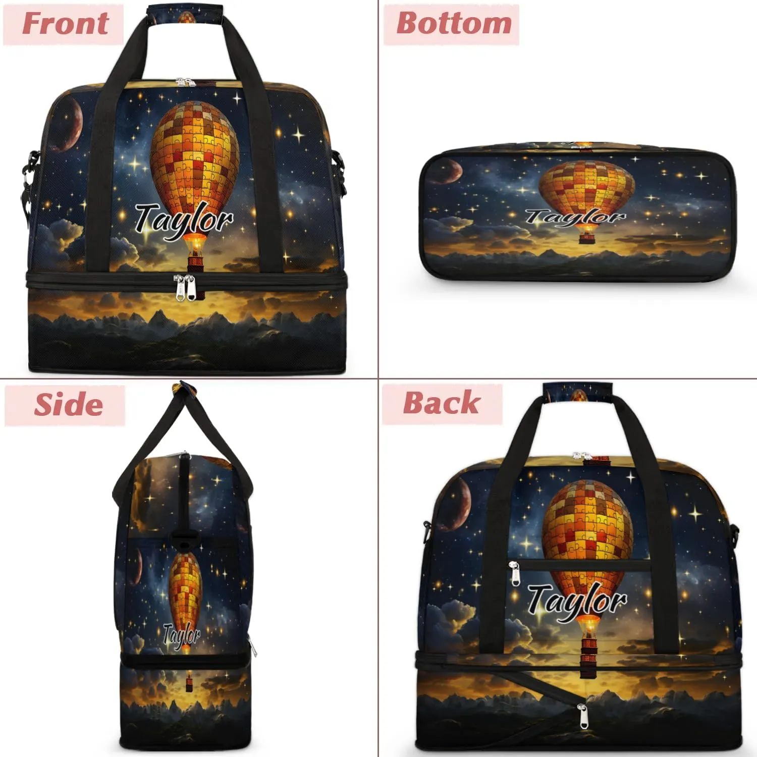 Personalized Duffel Bag with Name, Custom Retro Hot Air Balloon Travel Sports Gym Yoga Beach Bag Customized Weekender Overnight Bag with Shoes Compartment for Women, Hot Air Balloon