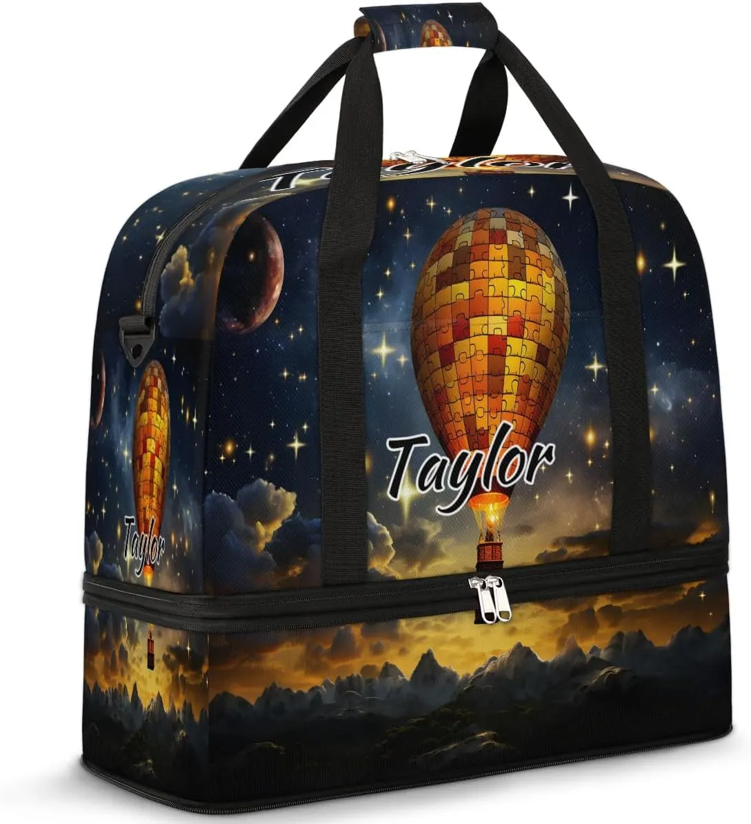 Personalized Duffel Bag with Name, Custom Retro Hot Air Balloon Travel Sports Gym Yoga Beach Bag Customized Weekender Overnight Bag with Shoes Compartment for Women, Hot Air Balloon