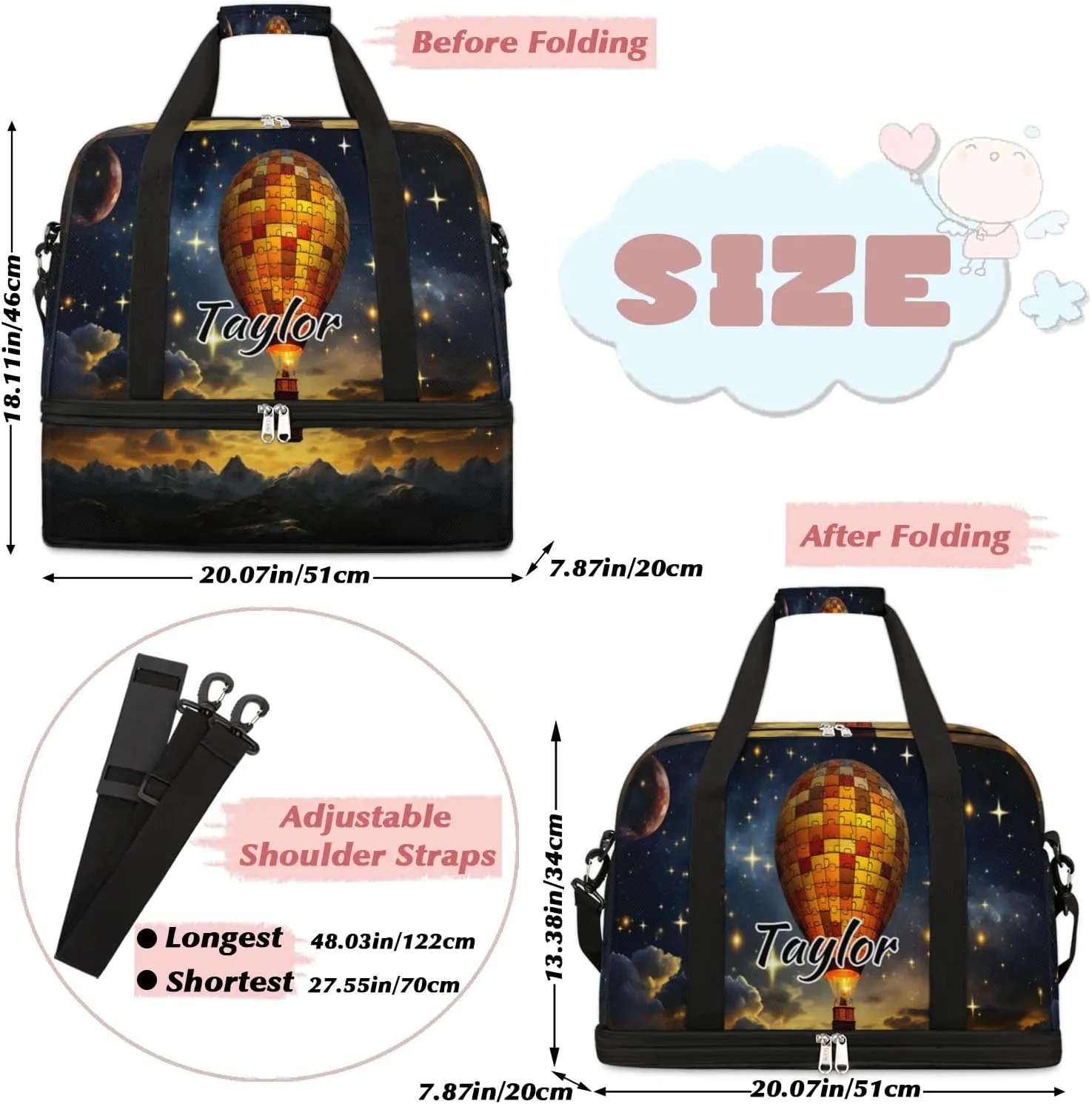Personalized Duffel Bag with Name, Custom Retro Hot Air Balloon Travel Sports Gym Yoga Beach Bag Customized Weekender Overnight Bag with Shoes Compartment for Women, Hot Air Balloon