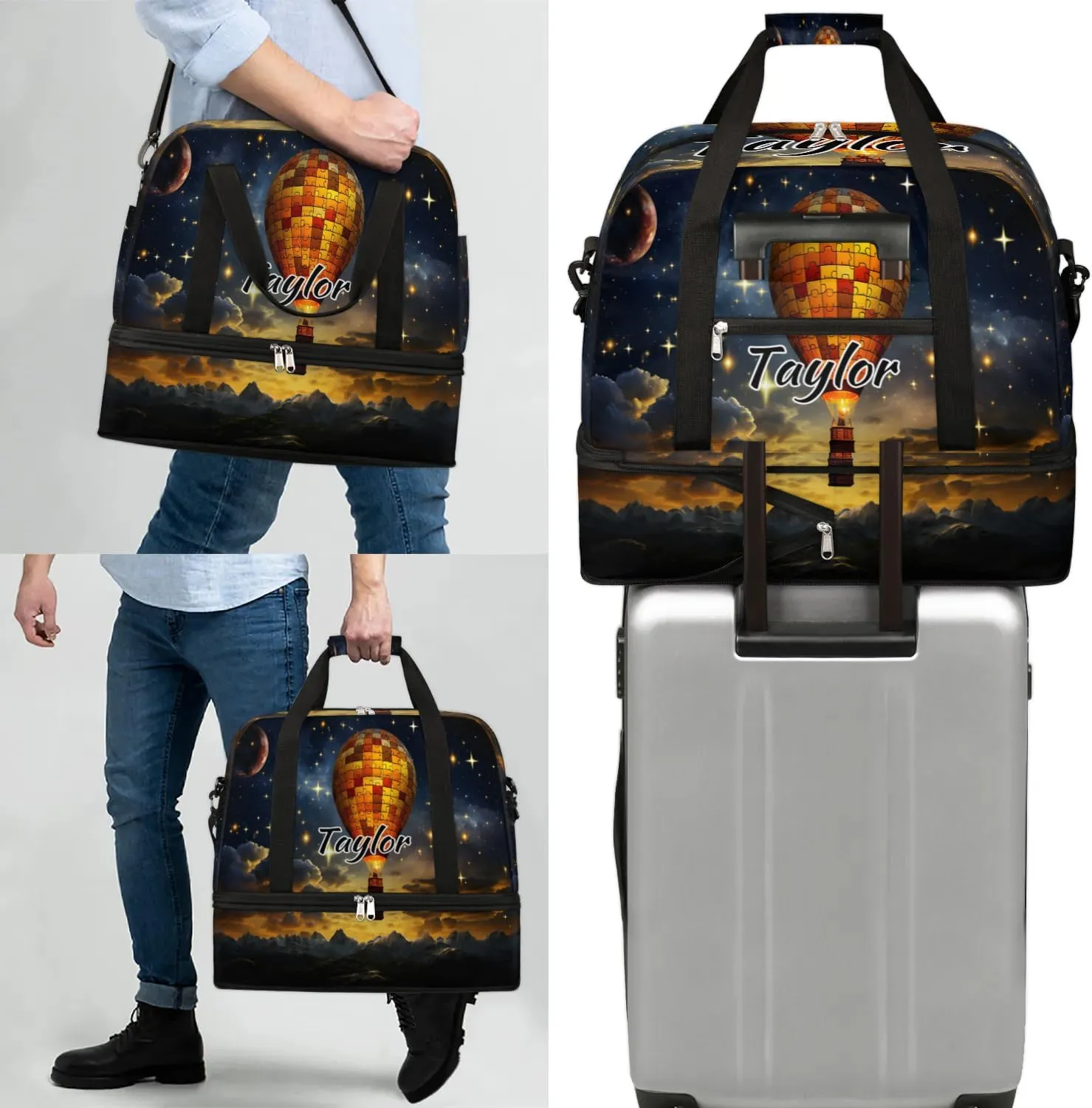 Personalized Duffel Bag with Name, Custom Retro Hot Air Balloon Travel Sports Gym Yoga Beach Bag Customized Weekender Overnight Bag with Shoes Compartment for Women, Hot Air Balloon
