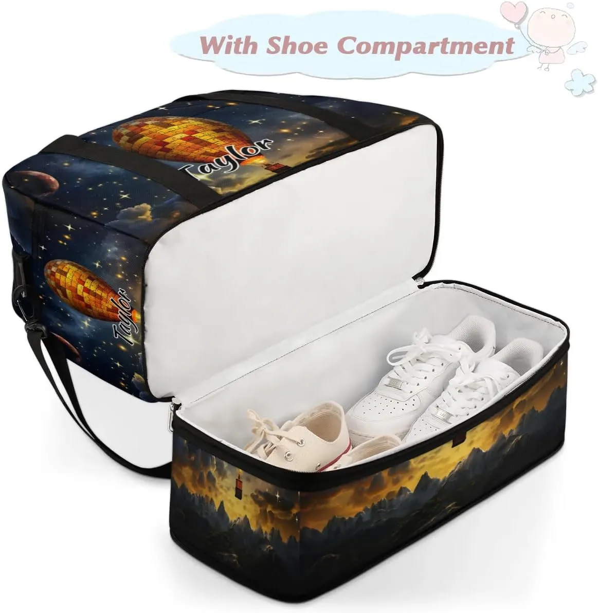 Personalized Duffel Bag with Name, Custom Retro Hot Air Balloon Travel Sports Gym Yoga Beach Bag Customized Weekender Overnight Bag with Shoes Compartment for Women, Hot Air Balloon